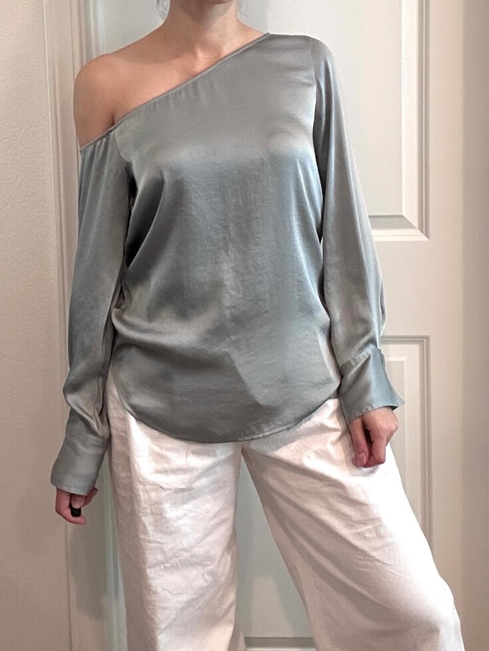 Theory Satin Asymmetrical Neck Long Sleeve Blouse size S light teal color